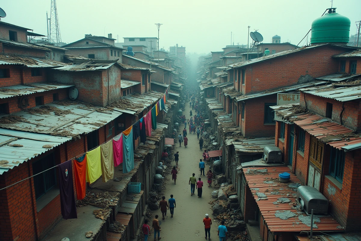 Vue aérienne d'un quartier densément peuplé de Dhaka au Bangladesh illustrant la densité démographique mondiale