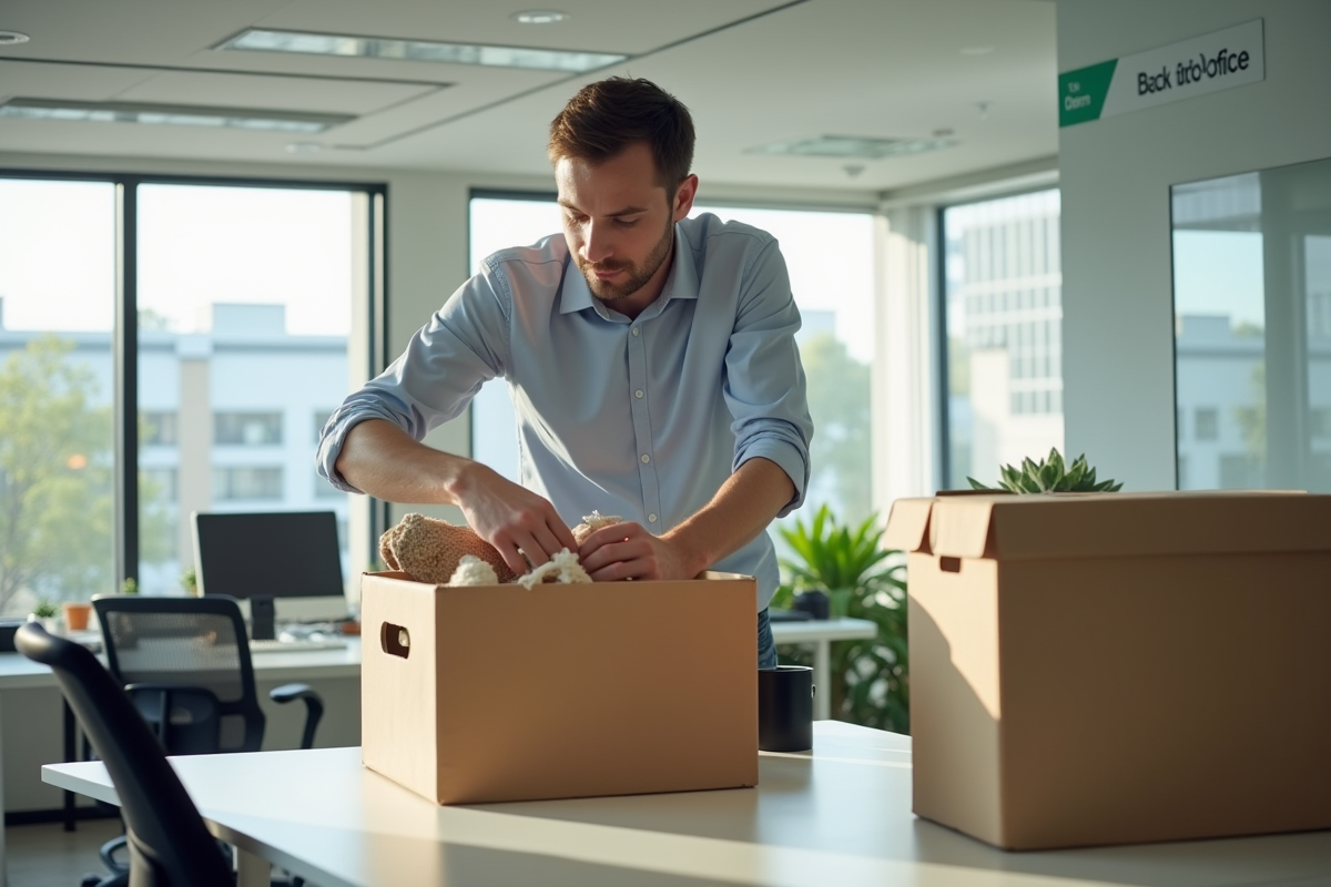 Employe quittant le bureau pour transition professionnelle
