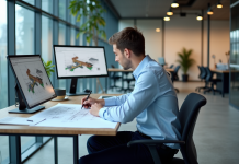 Opter pour une formation de dessinateur projeteur BTP : avantages et perspectives de carrière Jeune dessinateur en train de travailler sur des plans techniques