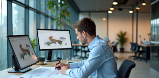 Opter pour une formation de dessinateur projeteur BTP : avantages et perspectives de carrière Jeune dessinateur en train de travailler sur des plans techniques