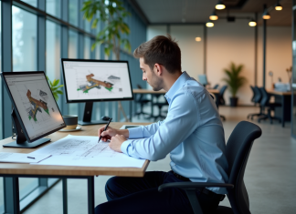 Opter pour une formation de dessinateur projeteur BTP : avantages et perspectives de carrière Jeune dessinateur en train de travailler sur des plans techniques
