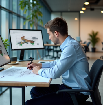 Jeune dessinateur en train de travailler sur des plans techniques