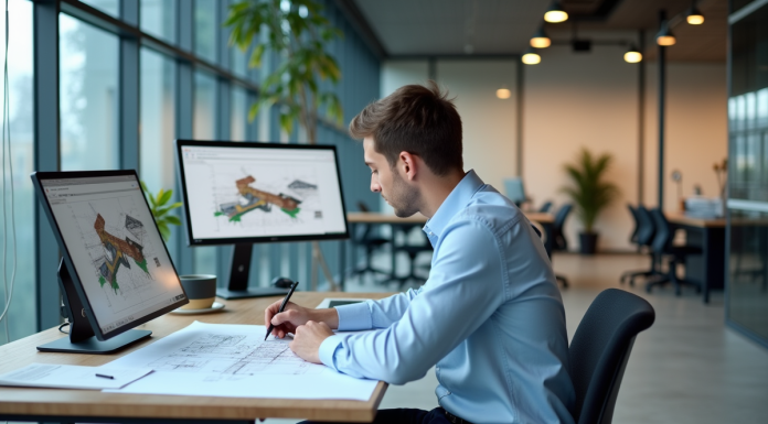Opter pour une formation de dessinateur projeteur BTP : avantages et perspectives de carrière Jeune dessinateur en train de travailler sur des plans techniques