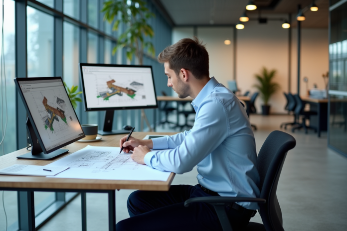 Jeune dessinateur en train de travailler sur des plans techniques