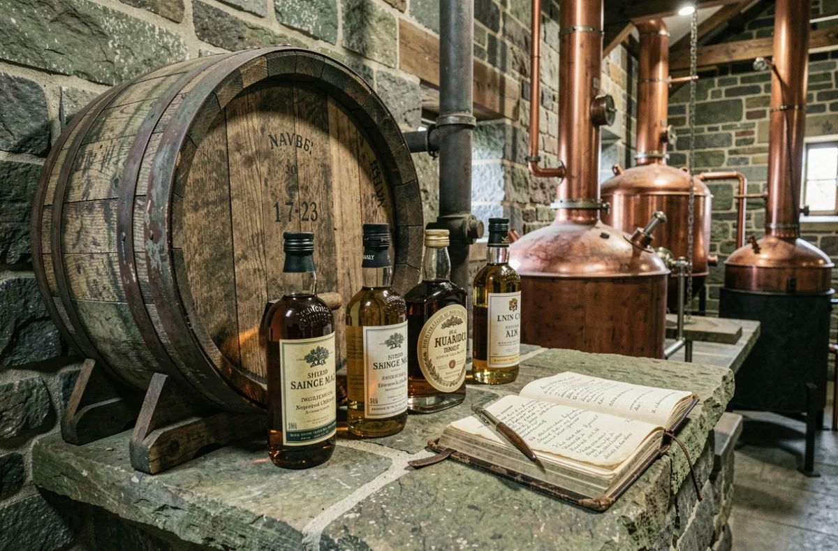 Fût de chêne et bouteilles de whisky single malt dans une distillerie écossaise traditionnelle avec carnet de dégustation