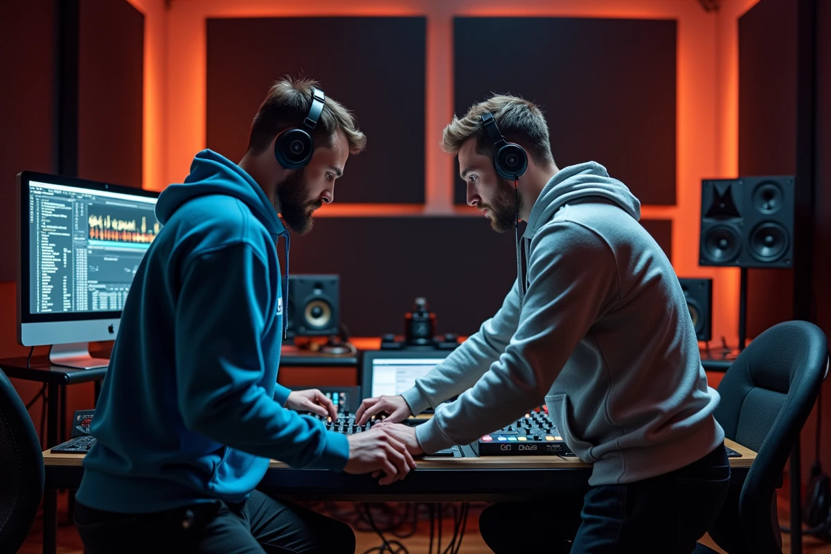 Deux DJ français collaborant en studio d'enregistrement professionnel autour d'une console de mixage
