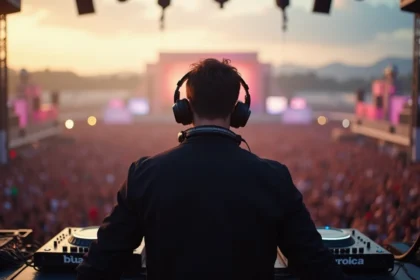 DJ français reconnu performant sur une grande scène de festival international devant une foule immense au crépuscule
