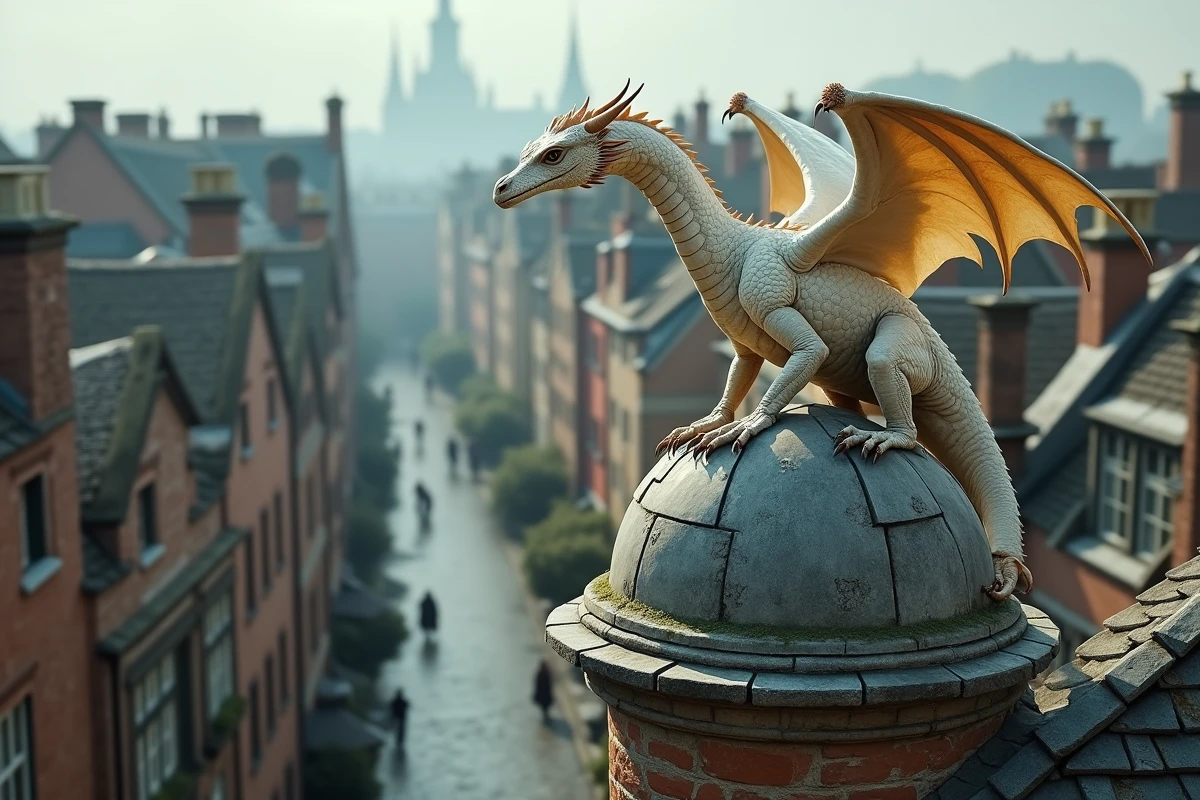 Dragon ancien perché sur un toit en pierre avec vue urbaine