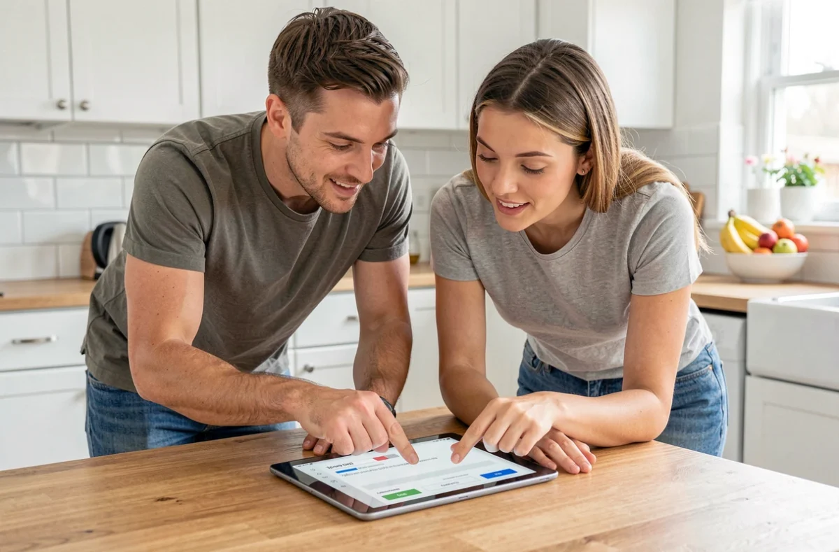 Deux adultes explorant ensemble les paramètres et options du jeu Sutom sur une tablette posée sur une table de cuisine