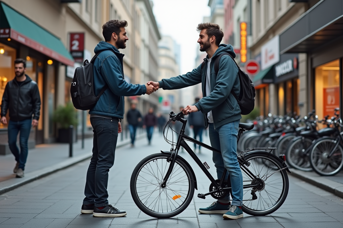 Deux jeunes hommes échangeant un vélo dans une rue animée
