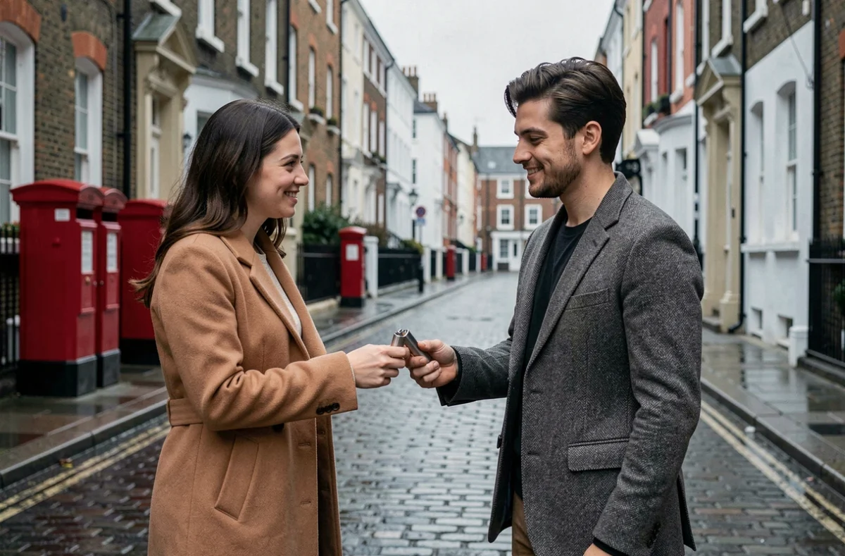 Deux jeunes professionnels s'échangeant un briquet dans une rue pavée de Londres, scène de dialogue en anglais britannique quotidien