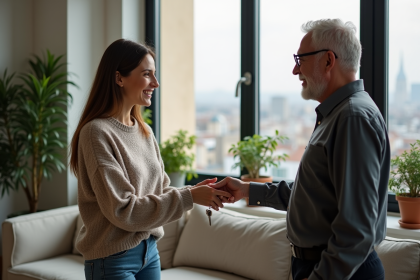 Femme souriante remettant des clés à un homme dans un appartement moderne