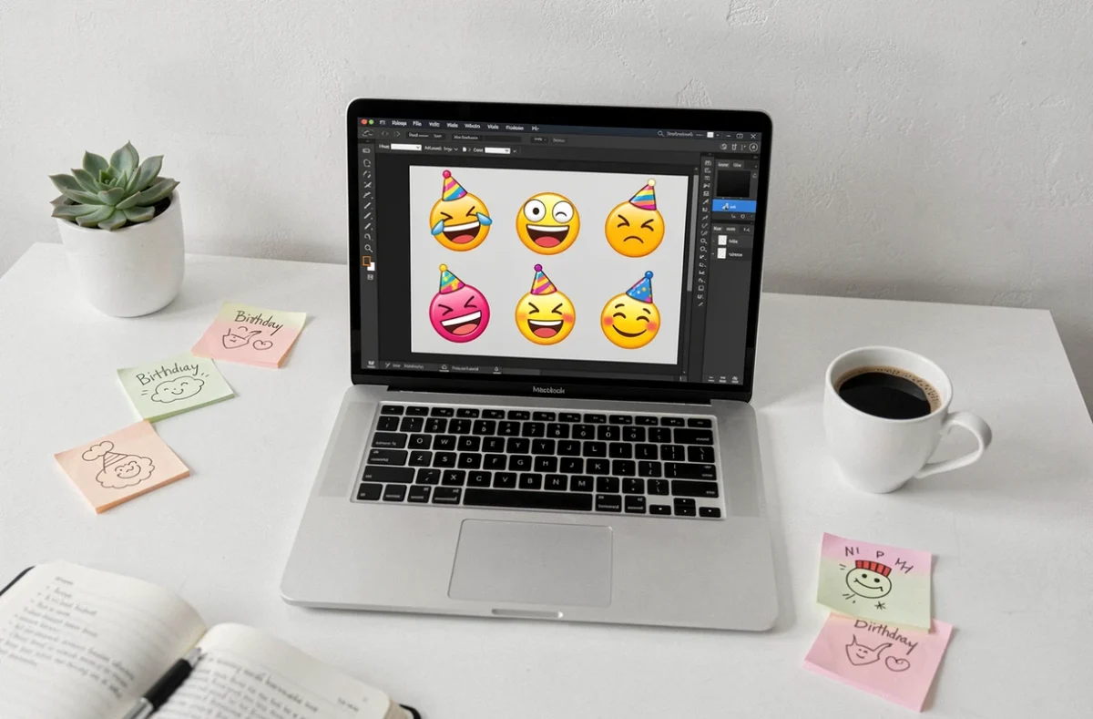 Écran d'ordinateur affichant des smileys anniversaire rigolos PNG dans un logiciel de création graphique sur un bureau moderne