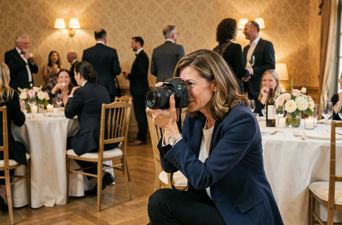 Elsa Favarcq, photographe événementielle à Toulouse, capture des instants candides lors d'une réception élégante en salle décorée
