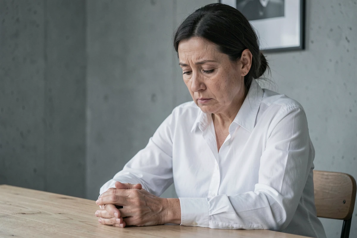 Femme d'âge mûr en chemise blanche exprimant une émotion profonde en noir et blanc, portrait contemplatif