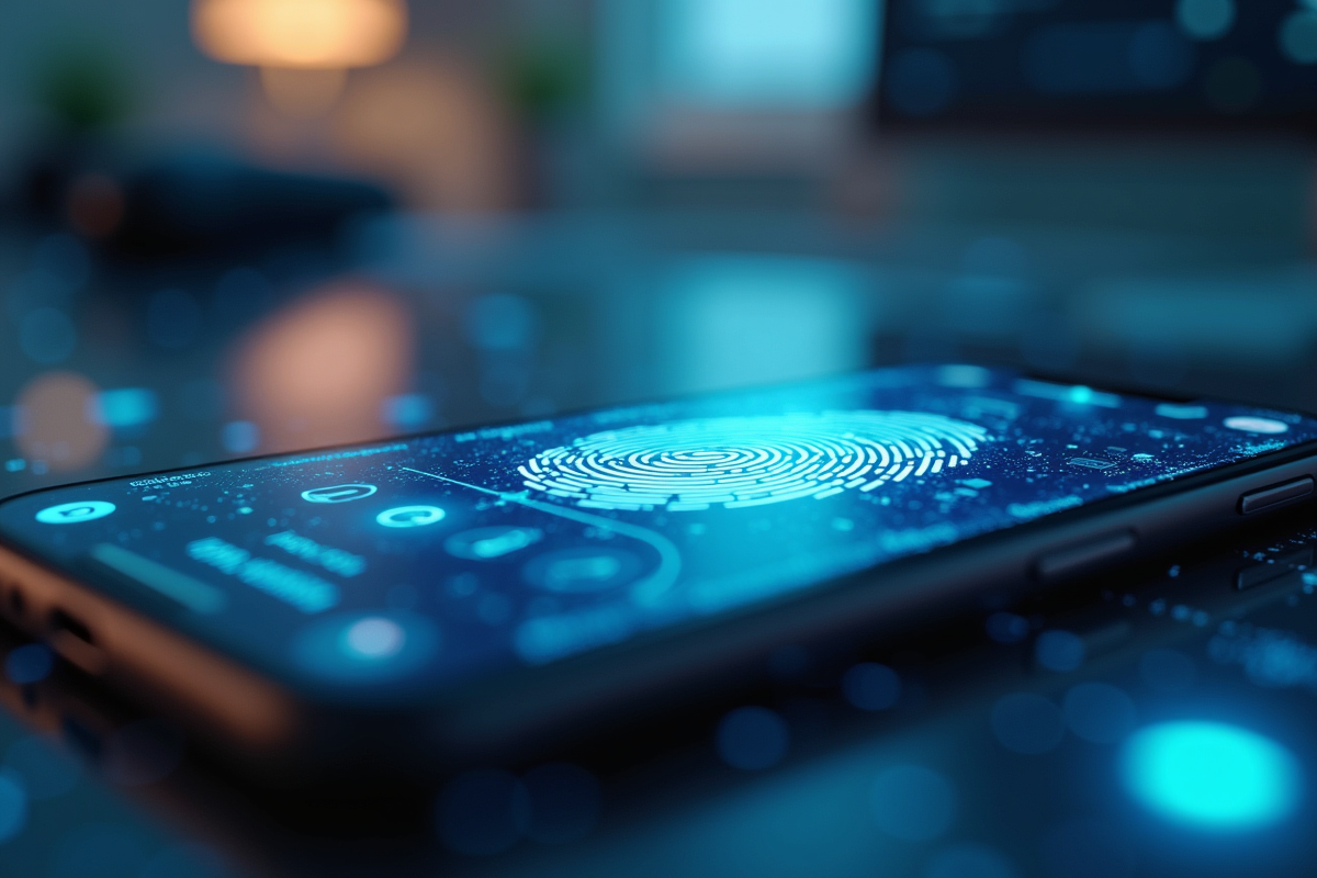 Gros plan sur un smartphone avec empreinte digitale et code digital en reflet