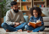 Raconter des histoires : comment encourager un enfant à s’exprimer ? Jeune fille racontant une histoire à son père dans un salon chaleureux