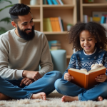 Raconter des histoires : comment encourager un enfant à s’exprimer ? Jeune fille racontant une histoire à son père dans un salon chaleureux