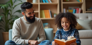 Raconter des histoires : comment encourager un enfant à s’exprimer ? Jeune fille racontant une histoire à son père dans un salon chaleureux