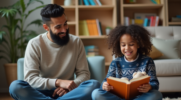 Raconter des histoires : comment encourager un enfant à s’exprimer ? Jeune fille racontant une histoire à son père dans un salon chaleureux
