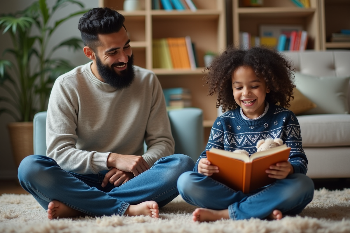 Jeune fille racontant une histoire à son père dans un salon chaleureux