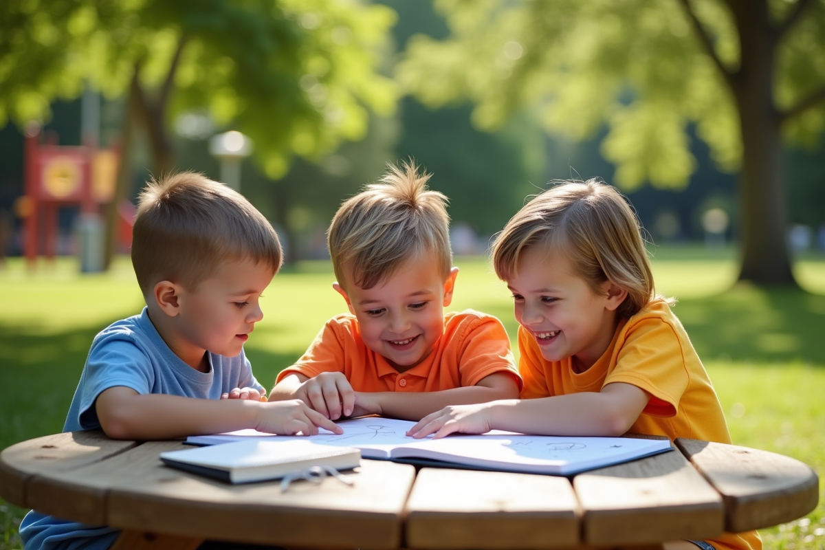 Trois enfants dessinant ensemble dans un parc ensoleille