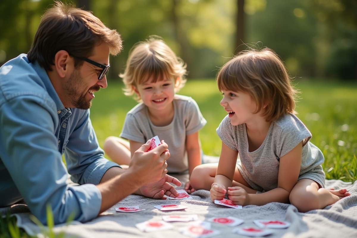 Enfants et adulte jouant aux cartes en plein air