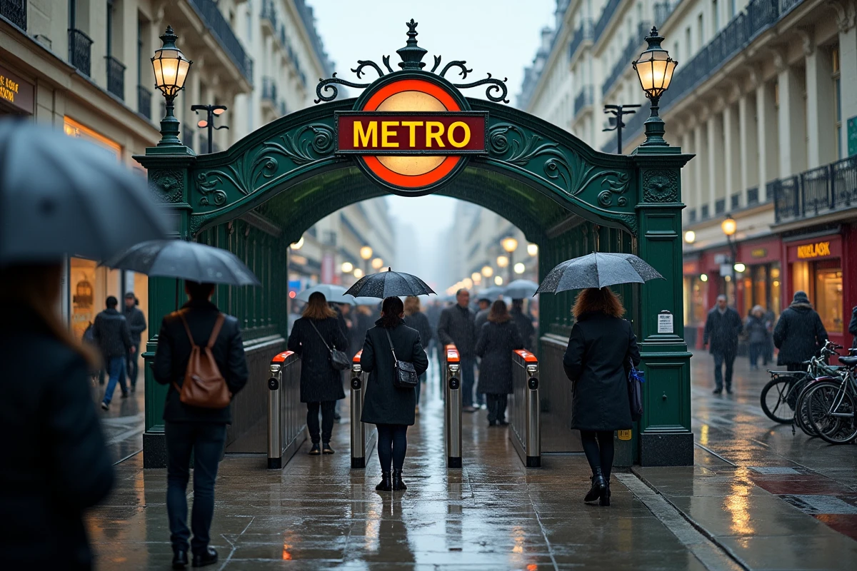 Entrée d'une station de métro RATP à Paris sous la pluie avec des voyageurs qui s'y engouffrent