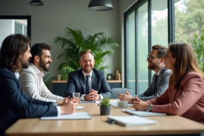 Groupe de collègues en réunion dans un bureau moderne