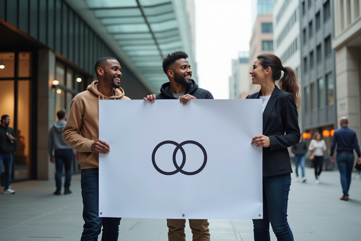 Groupe de jeunes discutant sous une canopée en ville avec un banner