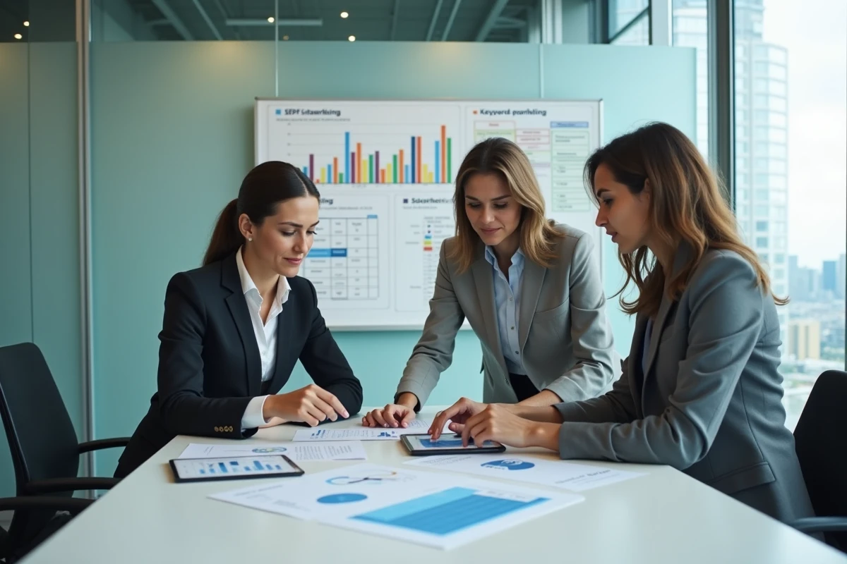 Équipe de référenceurs discutant d'une stratégie SEO autour de rapports de positionnement SERP en salle de réunion