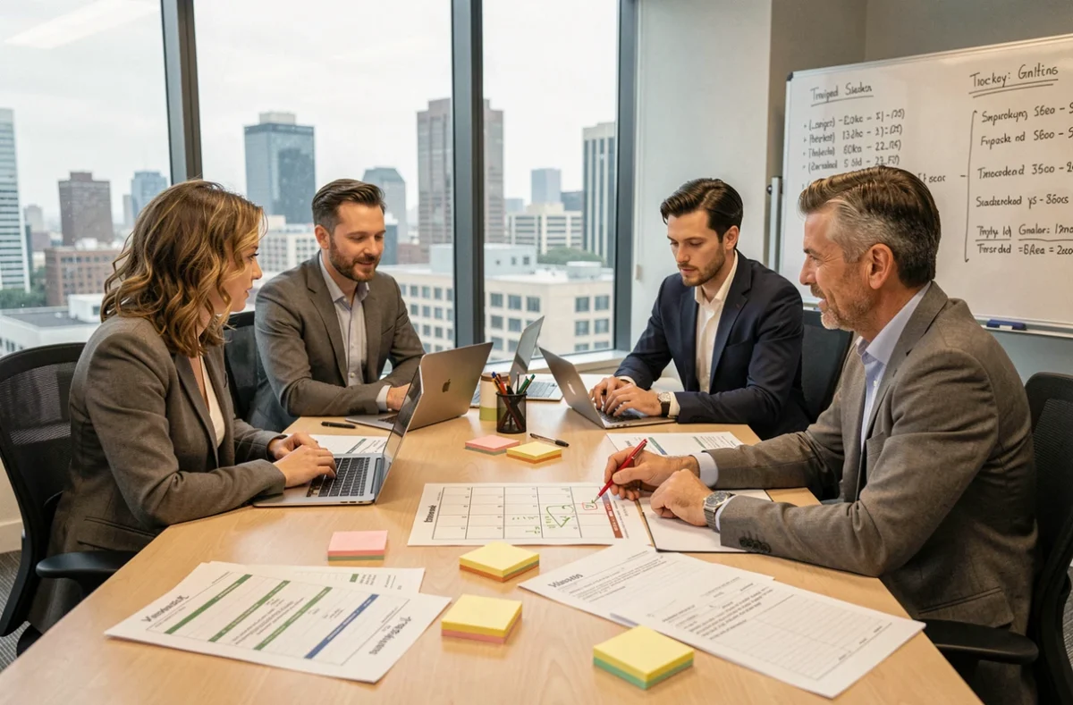 Équipe professionnelle réunie autour d'une table pour organiser les plannings de semaines impaires et paires