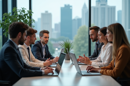 Groupe d adultes discutant de outils de traduction en réunion