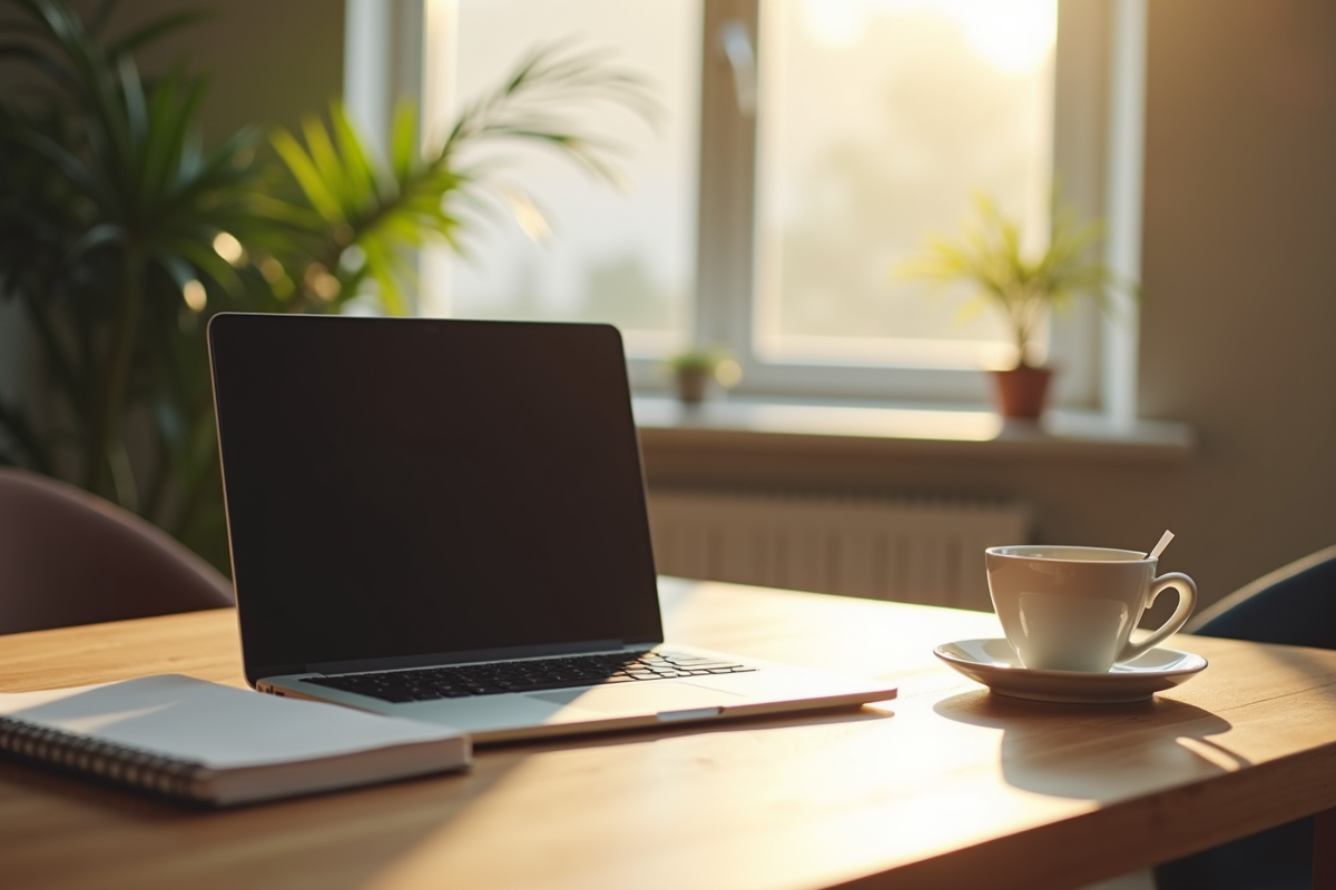 Espace de travail vide avec ordinateur et tasse de cafe