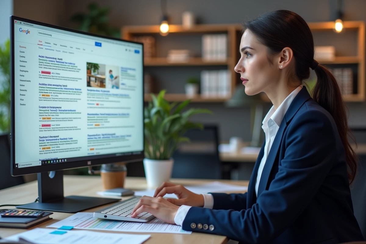 Experte en référencement SEO analysant les résultats de pages SERP sur un écran d'ordinateur dans un bureau moderne