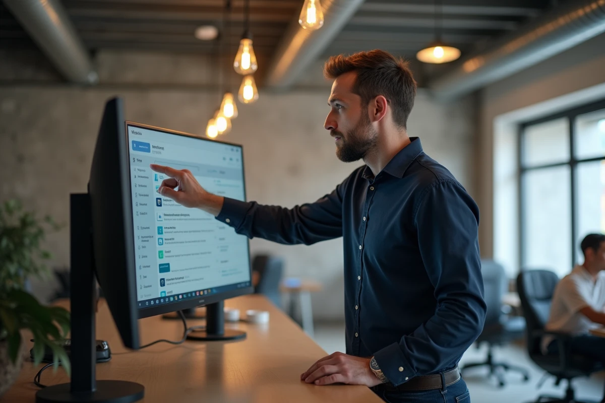 Homme expliquant les fonctionnalités et les liens de navigation Sorlav dans un espace de coworking moderne