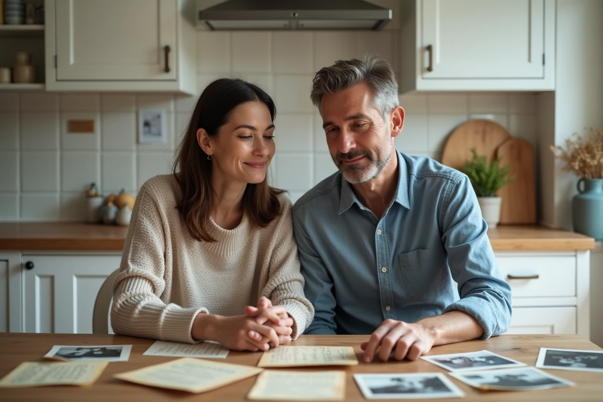 Frère et sœur adultes assis à une table de cuisine familiale, partageant des photos et des lettres en mémoire d'un proche disparu