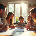 Famille souriante planifiant des vacances à la cuisine