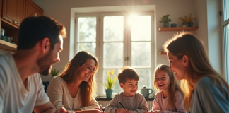 Famille souriante planifiant des vacances à la cuisine