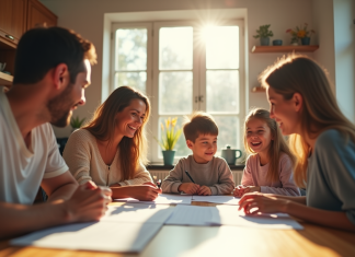 Chèque vacances de l’Éducation nationale : comment en profiter pleinement ? Famille souriante planifiant des vacances à la cuisine