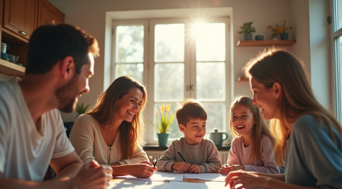 Famille souriante planifiant des vacances à la cuisine