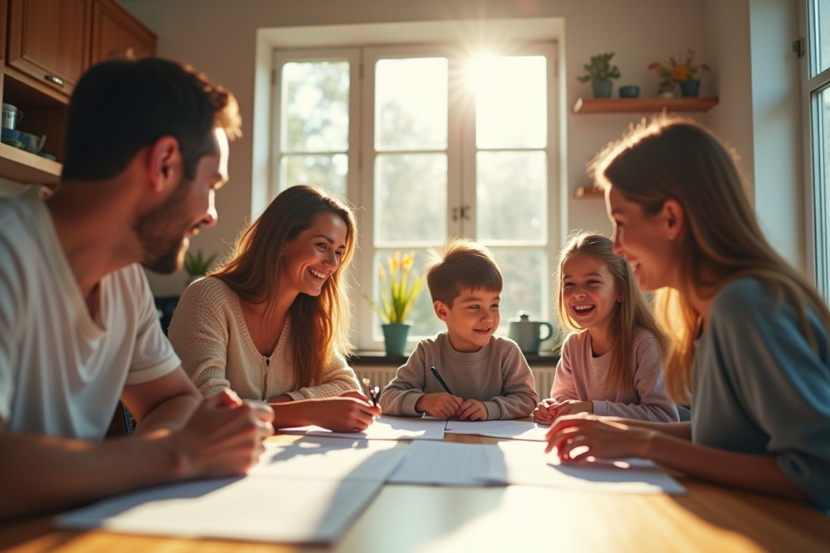 Famille souriante planifiant des vacances à la cuisine