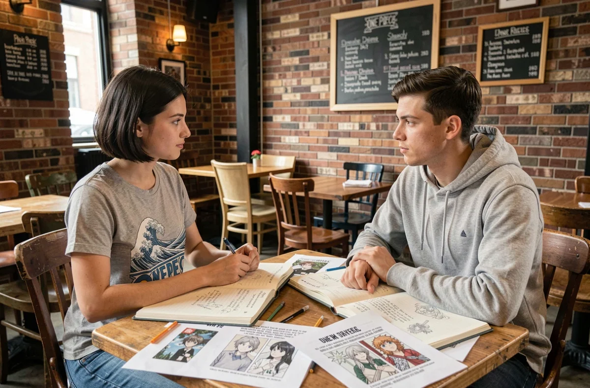 Deux fans de One Piece débattant des théories sur le fruit du démon de Dragon Monkey D dans un café urbain avec des notes manuscrites