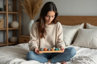 Jeune femme arrangeant des pierres colorées sur un plateau