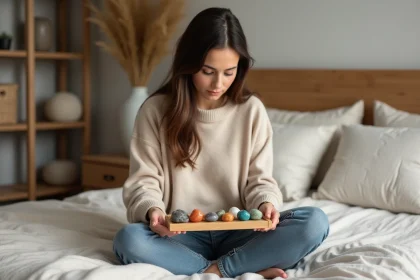 Jeune femme arrangeant des pierres colorées sur un plateau