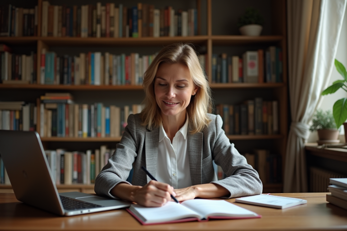 femme-bilingue-bureau Femme d'âge moyen en tenue décontractée dans un bureau organisé