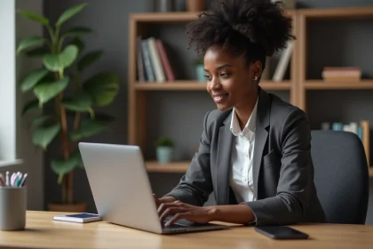 Jeune femme noire travaillant sur son ordinateur dans un bureau moderne