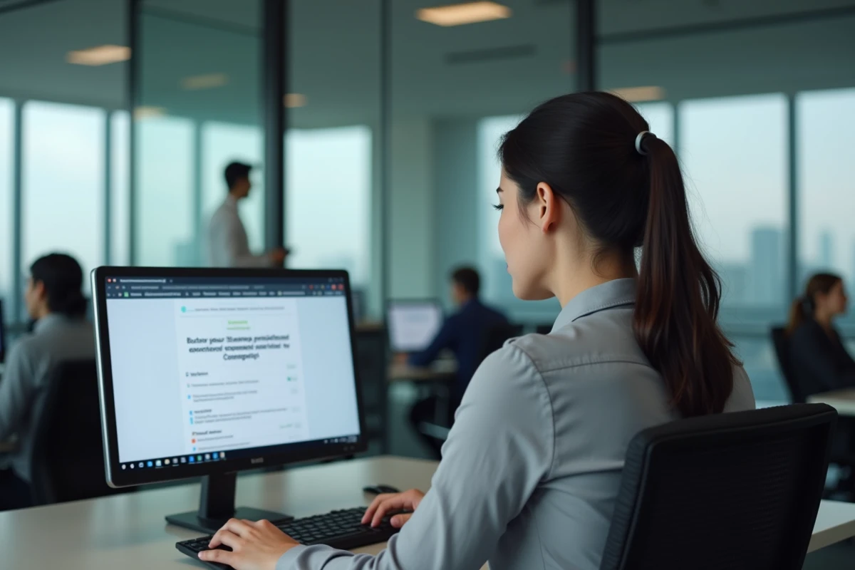 Femme en bureau professionnel face à une erreur d'authentification sur un portail gouvernemental