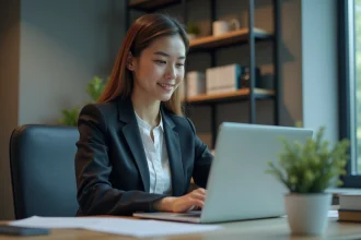 Femme concentrée remplissant un formulaire de douane en ligne