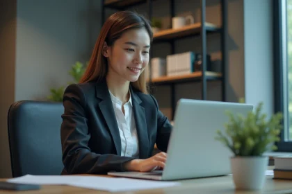 Femme concentrée remplissant un formulaire de douane en ligne